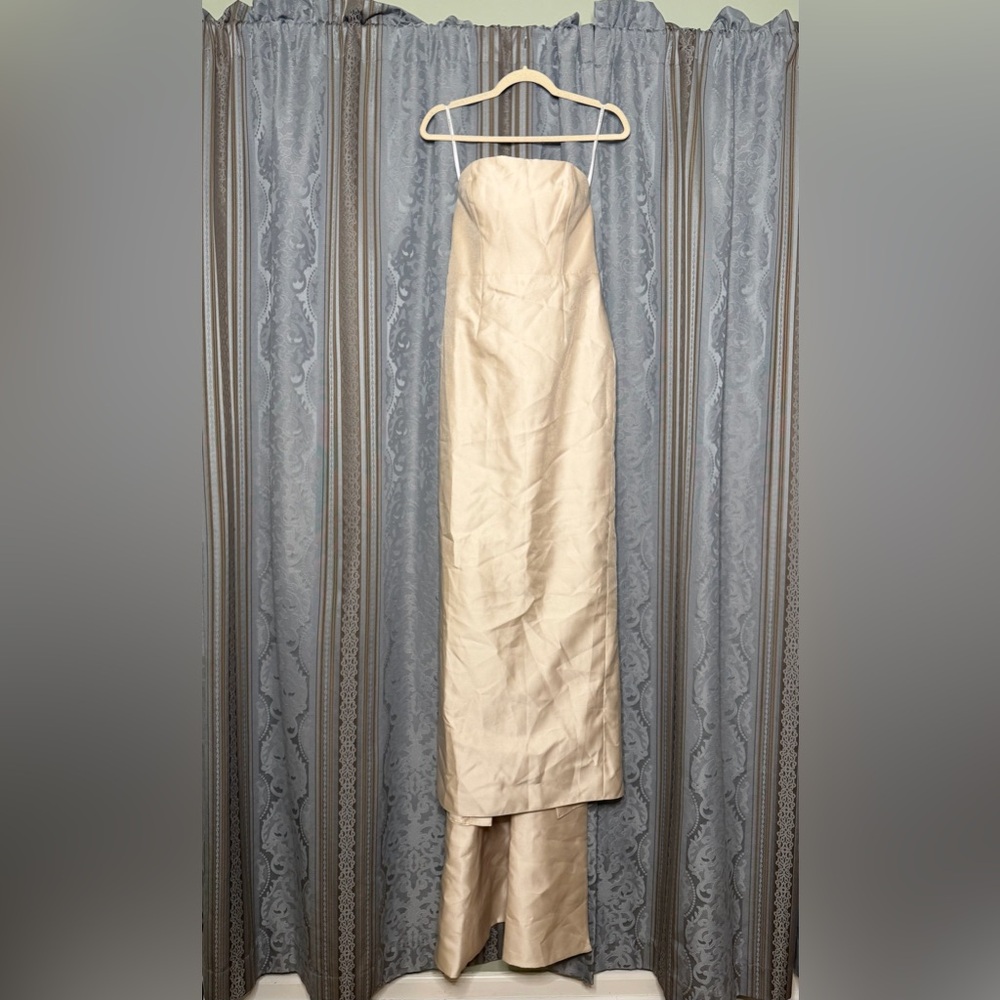 Alfred Sung Strapless Satin Twill Column Gown with Removable Train Champagne - Picture 4 of 8